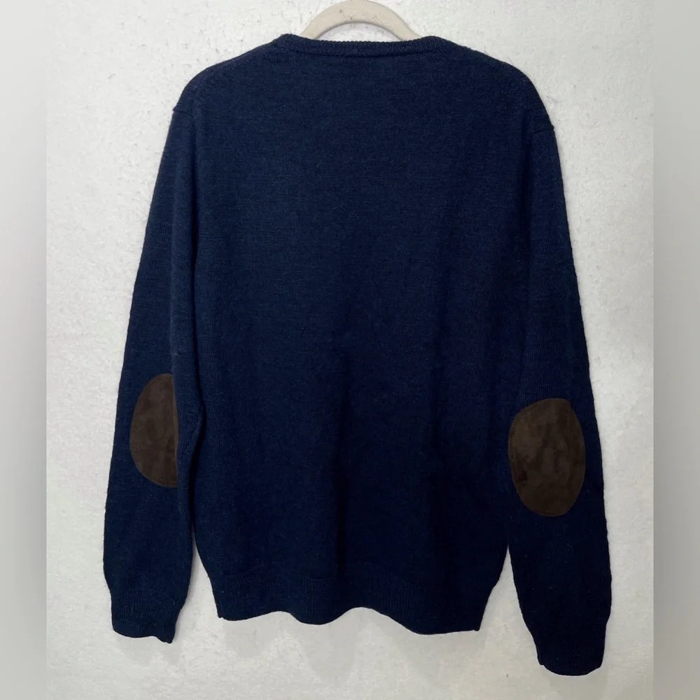J. Crew Merino Wool Slim Navy Blue Sweater With Brown Leather Elbow Patches XL